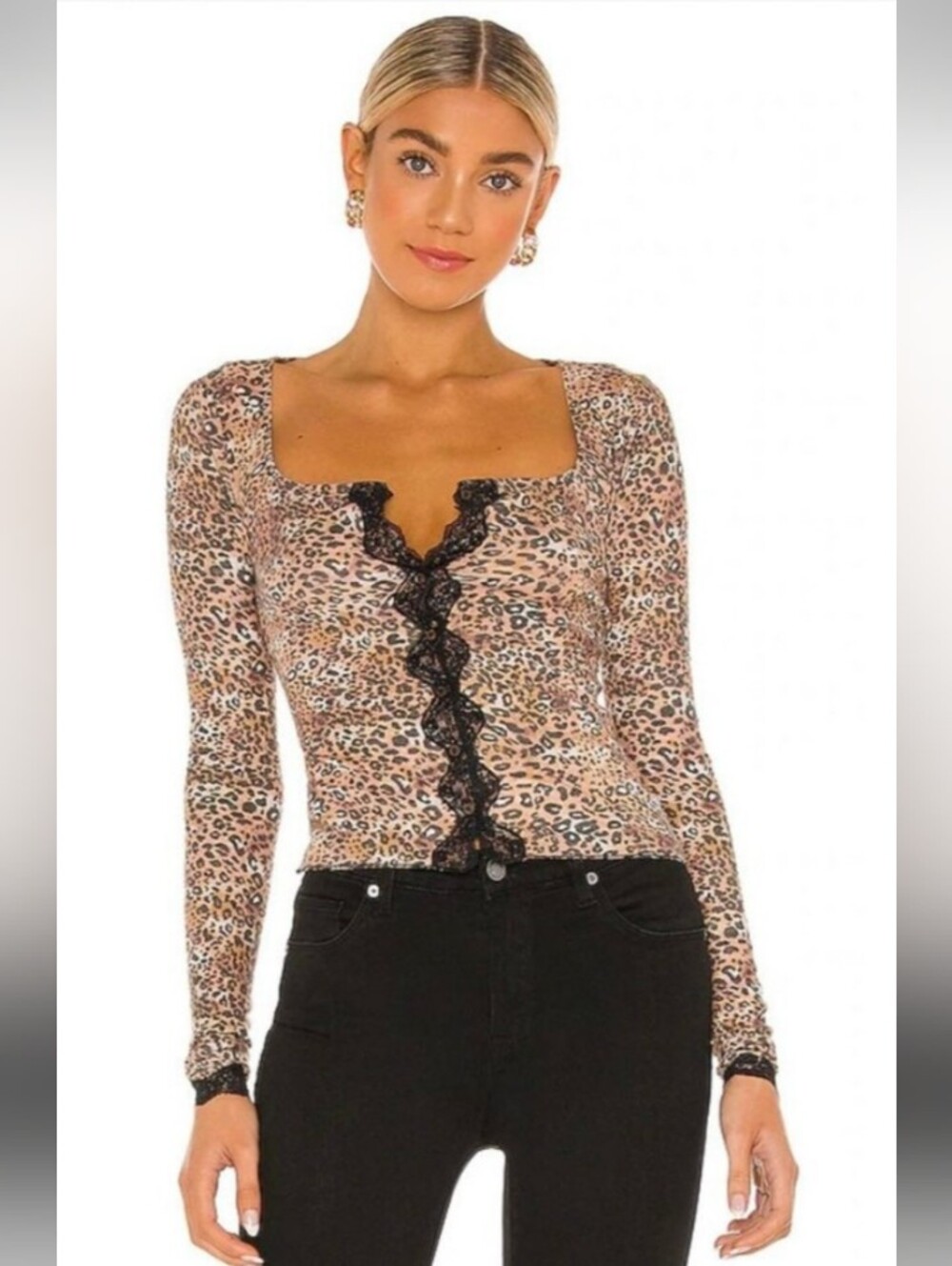 Free People Leopard Print Lace Details Buttoned Cardigan Top Size S